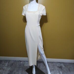 VTG 80s Liz Claiborne Night Shrt Slv Lace & Pearl Trimmed Long Formal Dress Sz 4